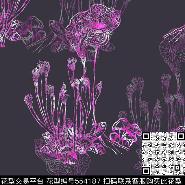 线描热带植物印花 - 554187 - 线描 植物 热带 - 传统印花花型 － 女装花型设计 － 瓦栏