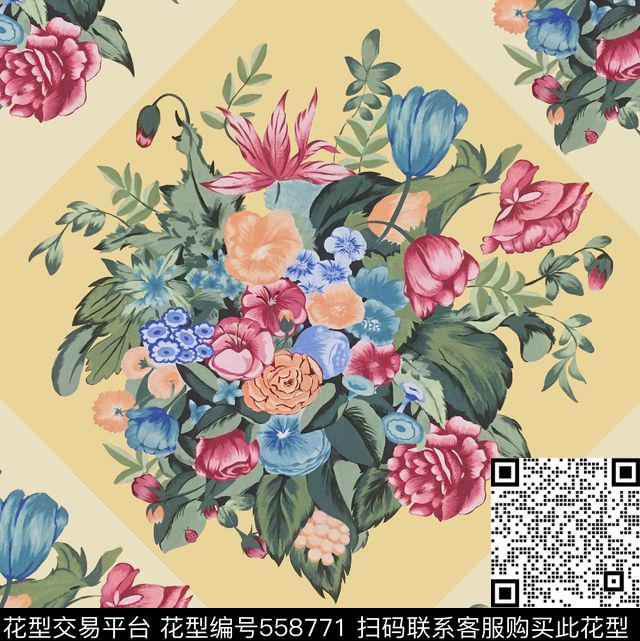 传统五点式花卉家纺印花 - 558771 - 传统 花卉 家纺 - 数码印花花型 － 床品花型设计 － 瓦栏