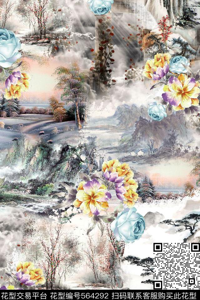 时尚潮流复古风景系列YC790 - 564292 - 中国风 女装 风景拼接 - 数码印花花型 － 其他花型设计 － 瓦栏