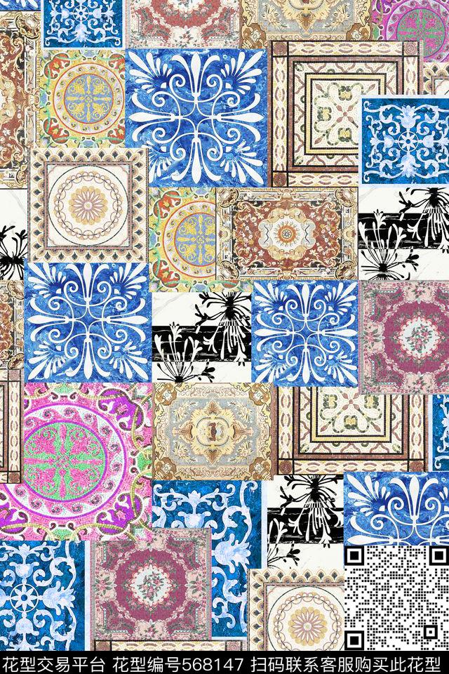 时尚潮流民族风传统陶瓷花纹印花YC927 - 568147 - 地板革 女装 几何拼接 - 数码印花花型 － 其他花型设计 － 瓦栏