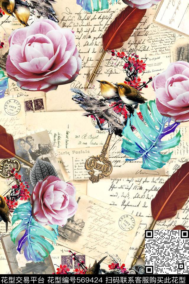 欧洲时尚潮流复古油画花卉邮票字母YC933 - 569424 - 潮流时尚大牌 复古邮票 花卉 - 数码印花花型 － 其他花型设计 － 瓦栏