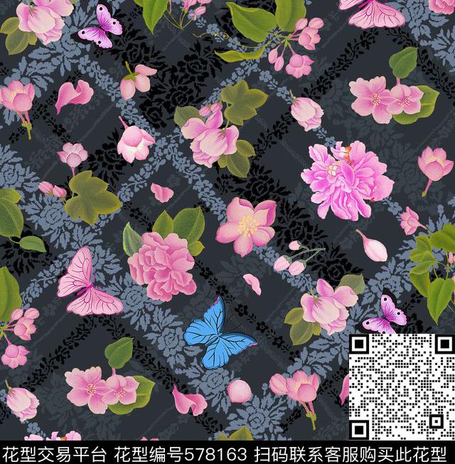 芙蓉花  紫玉兰  蝴蝶 花瓣雨  花朵 经典格纹 时尚大牌 - 578163 - 花卉 蝴蝶 经典格纹 - 数码印花花型 － 女装花型设计 － 瓦栏