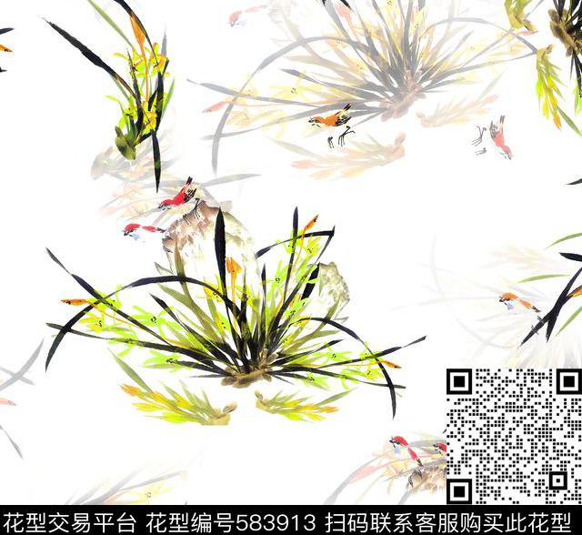 中国风兰花 - 583913 - 中国风 兰花 - 数码印花花型 － 长巾花型设计 － 瓦栏