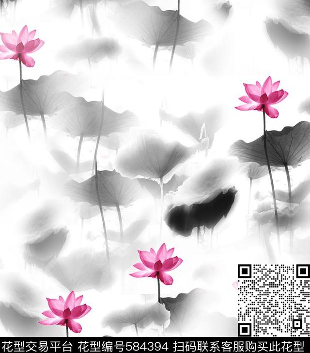 水墨荷花 - 584394 - 中国风 荷花 水墨 - 数码印花花型 － 女装花型设计 － 瓦栏