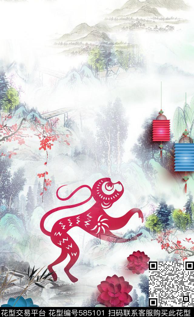 猴年献瑞 - 585101 - 猴年 中国风 猴子 - 数码印花花型 － 女装花型设计 － 瓦栏