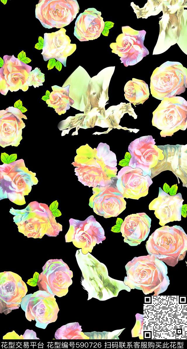    马在花中奔腾 - 590726 - 淑女 花朵 花卉 - 数码印花花型 － 女装花型设计 － 瓦栏