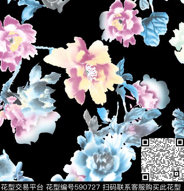 印花喷溅 - 590727 - 淑女 花朵 花卉 - 数码印花花型 － 女装花型设计 － 瓦栏