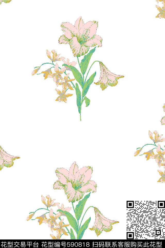 百合花 - 590818 - 田园风 花卉 百合花 - 传统印花花型 － 女装花型设计 － 瓦栏