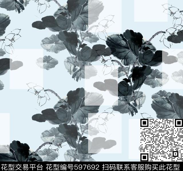 中国风水墨荷花女装 - 597692 - 荷花 莲花 水墨画 - 数码印花花型 － 女装花型设计 － 瓦栏
