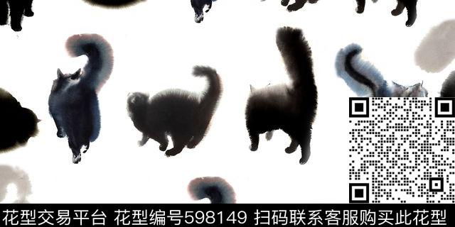 猫猫.jpg - 598149 - 动物 猫 黑白 - 数码印花花型 － 女装花型设计 － 瓦栏