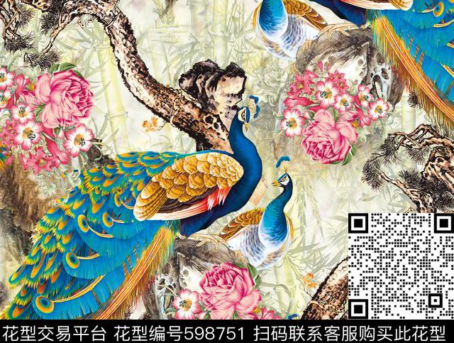 国画孔雀花 - 598751 - 【女装】裙子系列 神话 广东 - 数码印花花型 － 女装花型设计 － 瓦栏