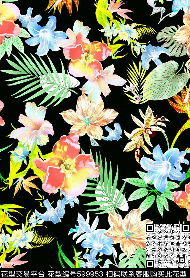 黑底黄花 - 599953 - 花朵 花卉 - 数码印花花型 － 女装花型设计 － 瓦栏