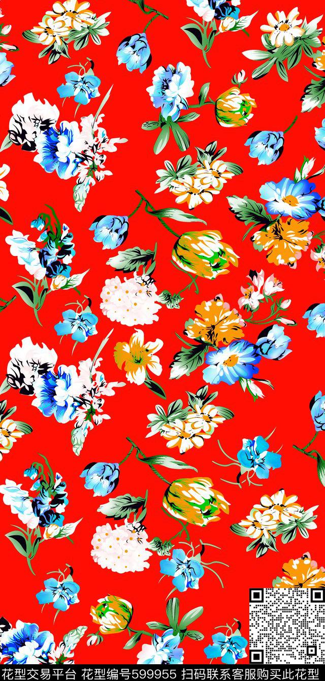 红底黄花 - 599955 - 淑女 花朵 花卉 - 数码印花花型 － 女装花型设计 － 瓦栏