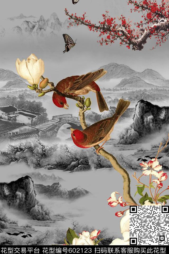 中国风工笔画山水1.jpg - 602123 - 国画 花卉 山水画 - 数码印花花型 － 女装花型设计 － 瓦栏