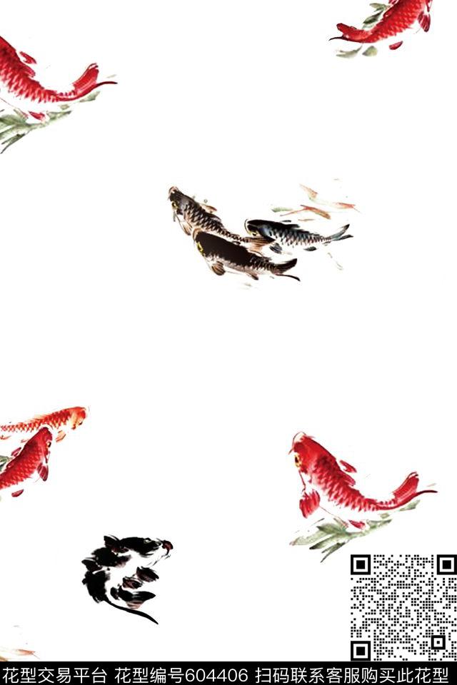 锦鲤送福.tif - 604406 - 锦鲤 红黑搭配 中国风 - 传统印花花型 － 女装花型设计 － 瓦栏