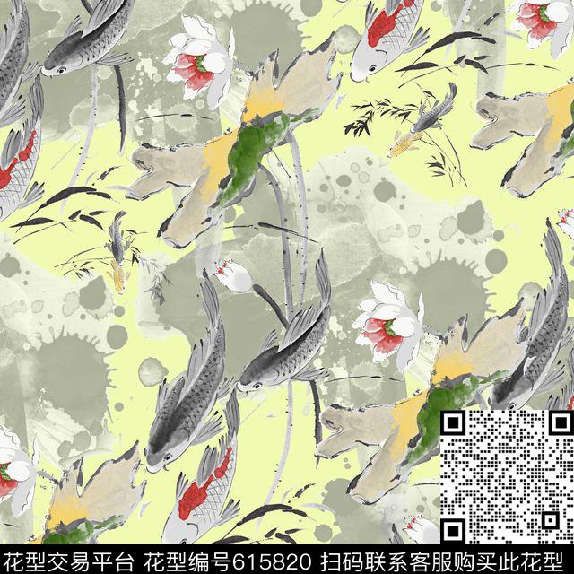 荷花水墨浅黄底.jpg - 615820 - 水墨 荷花 花卉 - 数码印花花型 － 女装花型设计 － 瓦栏