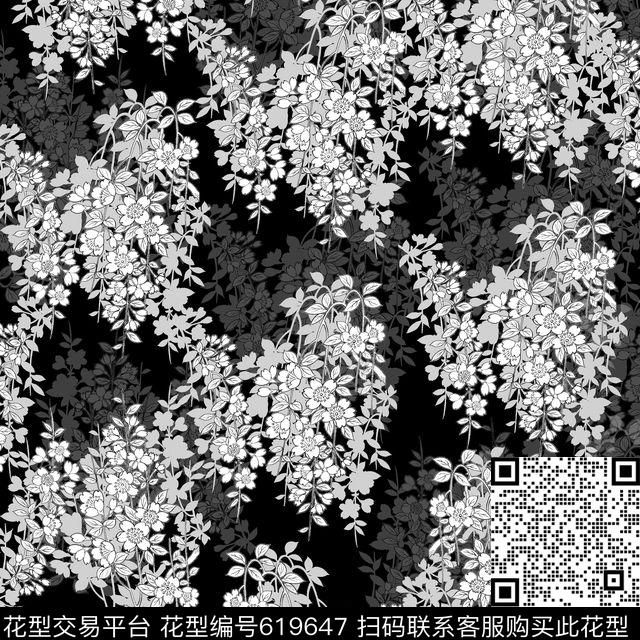 黑白碎花.jpg - 619647 - 小碎花 花卉 黑白花卉 - 传统印花花型 － 女装花型设计 － 瓦栏