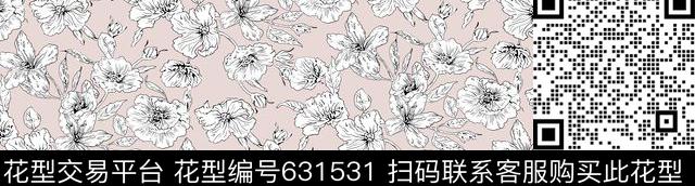 手绘ok.tif - 631531 - 线条 花卉 手绘 - 传统印花花型 － 女装花型设计 － 瓦栏