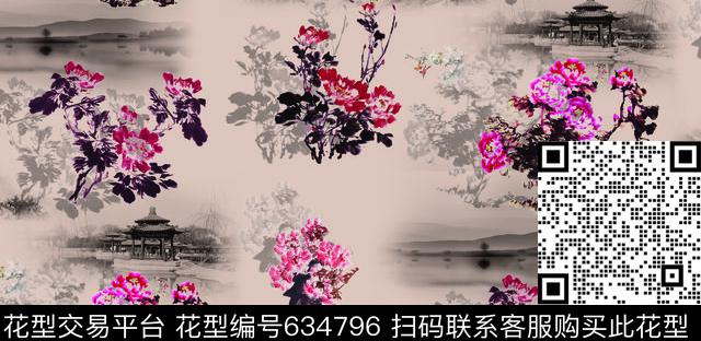 水墨风景花卉--c.tif - 634796 - 国画 山水画 民族风 - 数码印花花型 － 女装花型设计 － 瓦栏