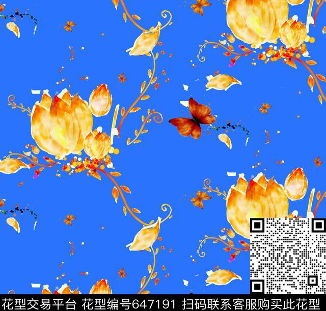 清新花丛中蝴蝶2-3.tif - 647191 - 花卉 蝴蝶 清新 - 数码印花花型 － 女装花型设计 － 瓦栏