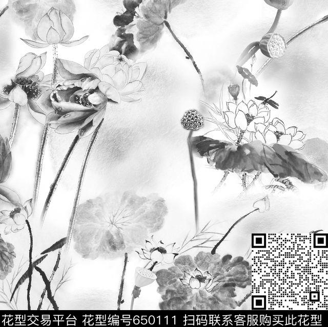 1606.jpg - 650111 - 荷花 云雾 水墨画 - 传统印花花型 － 女装花型设计 － 瓦栏