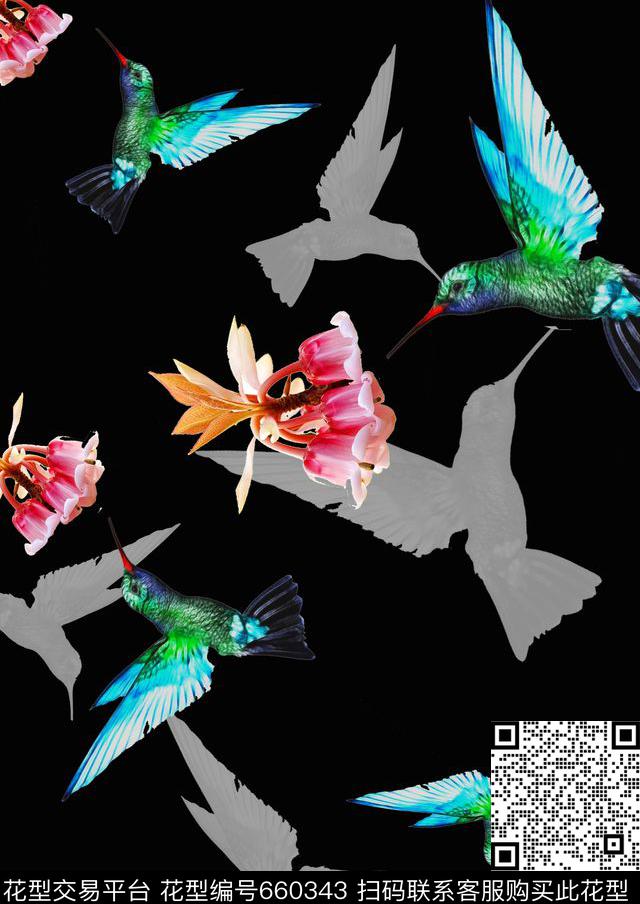 蜂鸟黑 拷贝.jpg - 660343 - 昆虫 鸟 蜜蜂 - 数码印花花型 － 女装花型设计 － 瓦栏