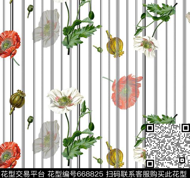 罂粟花条纹背景灰 拷贝.jpg - 668825 - 条纹 小碎花 花朵 - 数码印花花型 － 女装花型设计 － 瓦栏