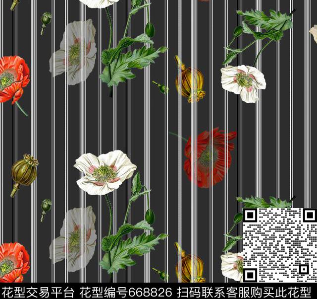 罂粟与条纹黑.jpg - 668826 - 条纹 小碎花 花朵 - 数码印花花型 － 女装花型设计 － 瓦栏