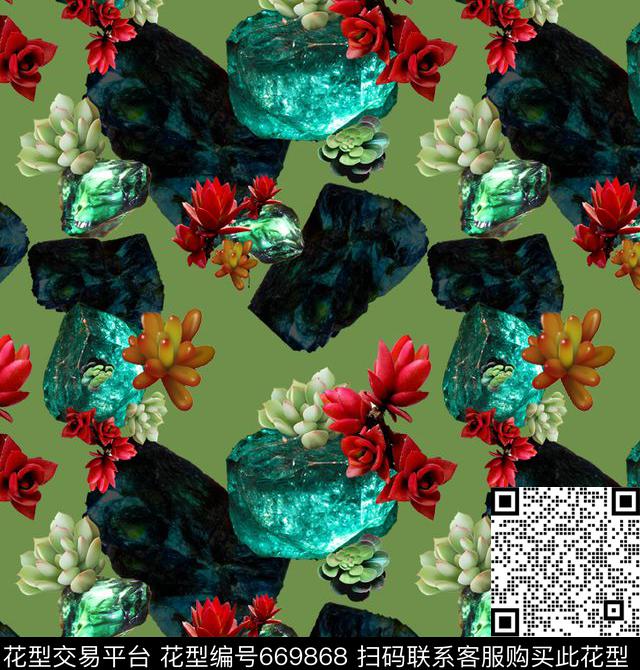 宝石多肉军绿.jpg - 669868 - 小碎花 花朵 花卉 - 数码印花花型 － 泳装花型设计 － 瓦栏