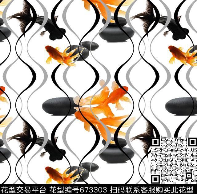 金鱼.jpg - 673303 - 波浪条纹 趣味 金鱼 - 数码印花花型 － 女装花型设计 － 瓦栏