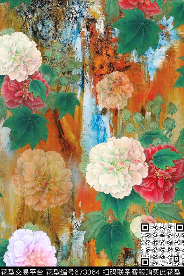 214.jpg - 673364 - 面料花 中国风国画牡丹花卉 时尚流行面料花 - 数码印花花型 － 女装花型设计 － 瓦栏