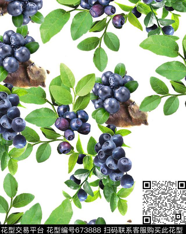 蓝莓 熊 白.jpg - 673888 - 花卉 水果 动物纹 - 数码印花花型 － 女装花型设计 － 瓦栏