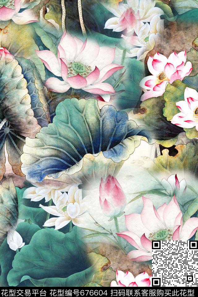 复古工笔画荷花07910.jpg - 676604 - 中国风 国画 民族风 - 数码印花花型 － 女装花型设计 － 瓦栏