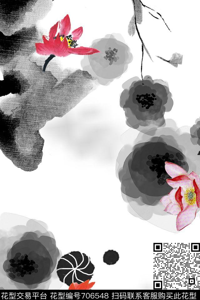 x-0619.jpg - 706548 - 民族风 中国风 水墨 - 数码印花花型 － 女装花型设计 － 瓦栏
