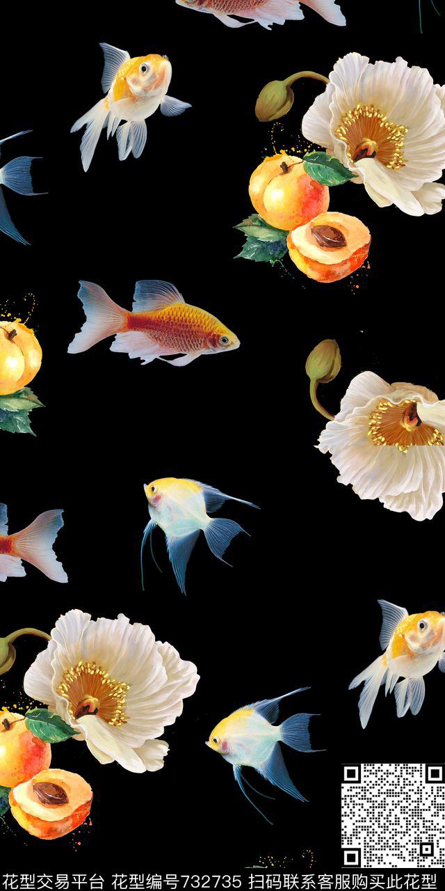 鱼与水果.jpg - 732735 - 多彩 清爽优雅时尚 时尚 - 数码印花花型 － 沙发布花型设计 － 瓦栏