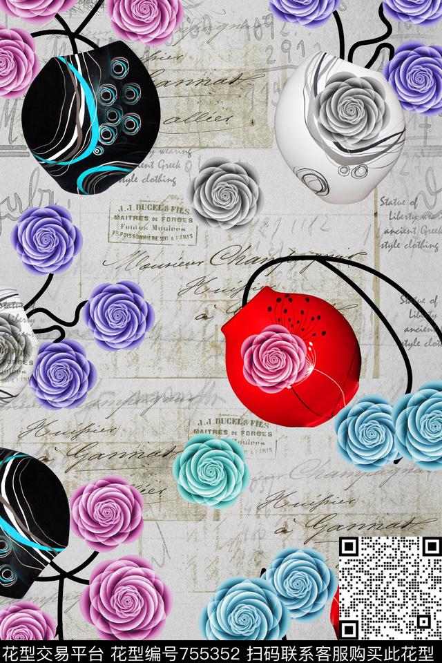 HX32.jpg - 755352 - 花卉背景墙 玫瑰花卉 手绘图 - 数码印花花型 － 女装花型设计 － 瓦栏