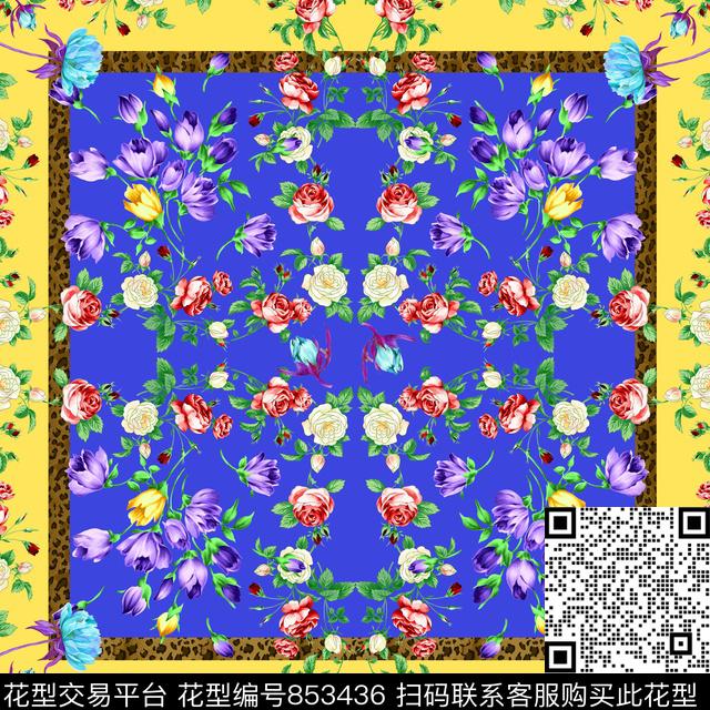 Y-17FJ32-1.tif - 853436 - 小方巾 花卉 豹纹 - 数码印花花型 － 方巾花型设计 － 瓦栏