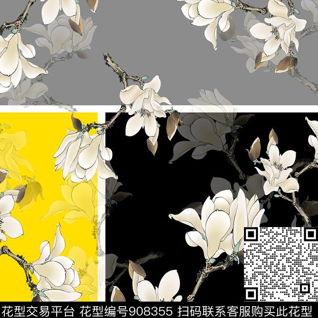 Y-17FJ41-1.jpg - 908355 - 玉兰花 丝巾定位花 围巾 - 数码印花花型 － 方巾花型设计 － 瓦栏