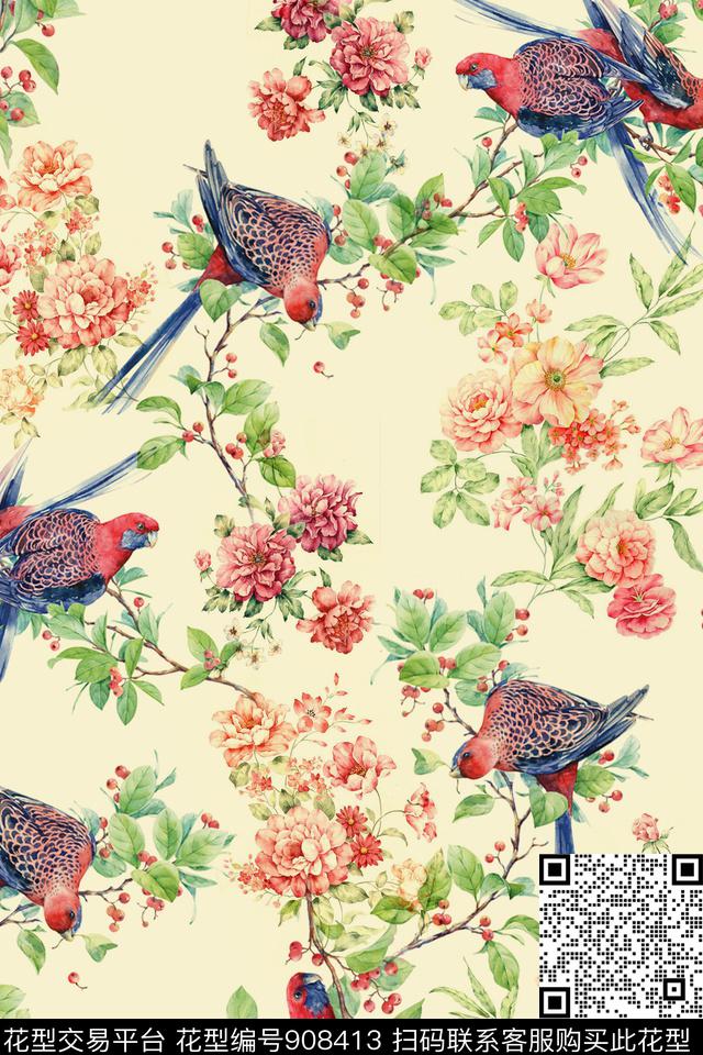 20170802 birds and floral.jpg - 908413 - 真丝 家居服 手绘花卉 - 数码印花花型 － 女装花型设计 － 瓦栏