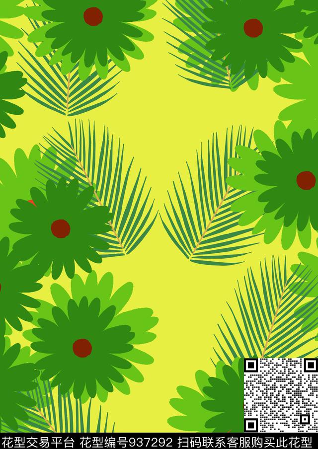 夏威夷少女四方.jpg - 937292 - 风衣 植物 长巾 - 传统印花花型 － 女装花型设计 － 瓦栏
