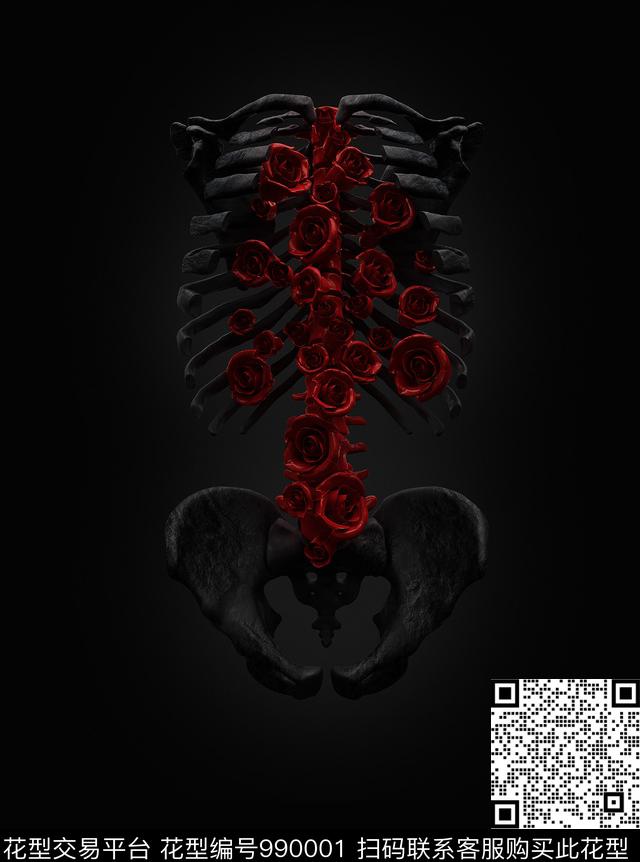 火红玫瑰花之约 死亡诱惑 身骨欧式组合男装花型.jpg - 990001 - 潮牌 火红玫瑰花之约 死亡诱惑 - 数码印花花型 － 男装花型设计 － 瓦栏