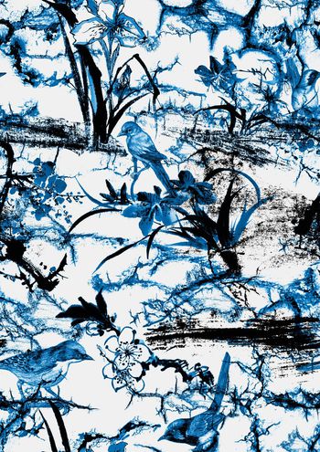 470375-中国风水墨花卉手绘鸟青花瓷靛蓝土石